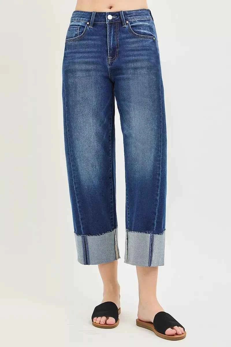 RISEN Full Size Slouchy Crop Barrel Cuffed Jeans Plus Size