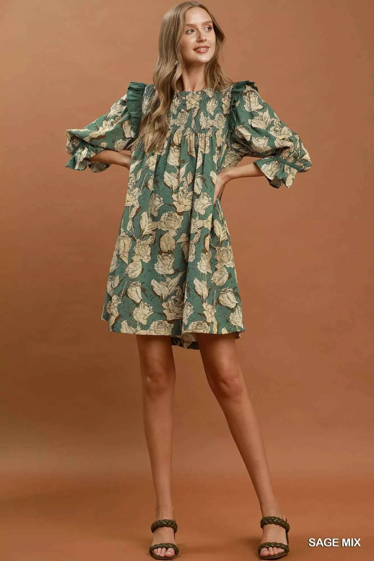 Umgee Mix Floral Print Smocked Ruffle Detail Flowy Dress