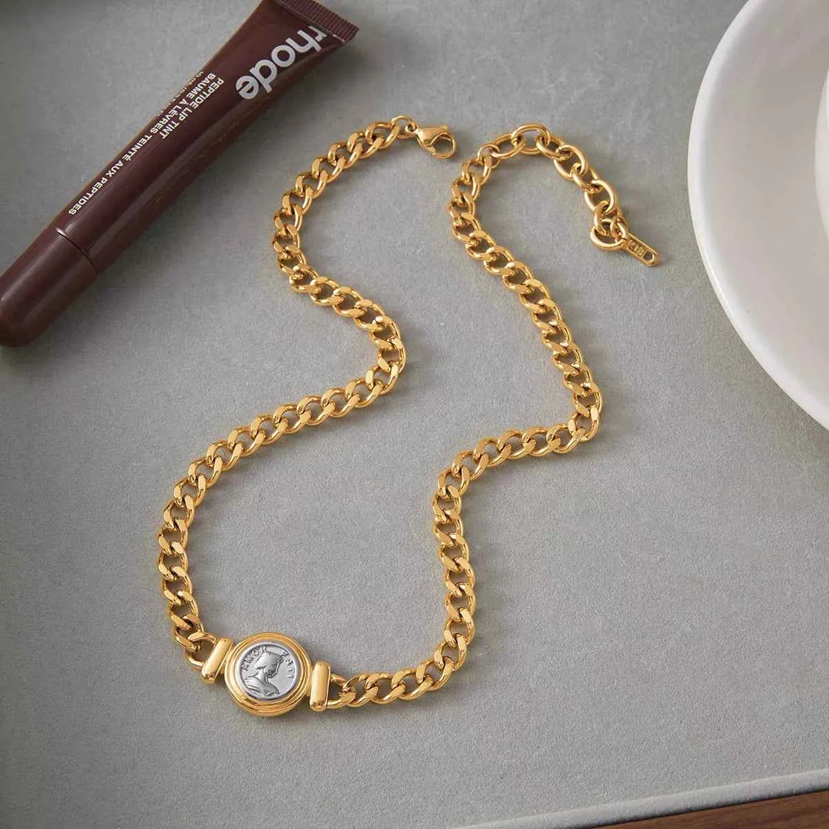 18K Gold-Plated Vintage Coin Charm Curb Chain Necklace