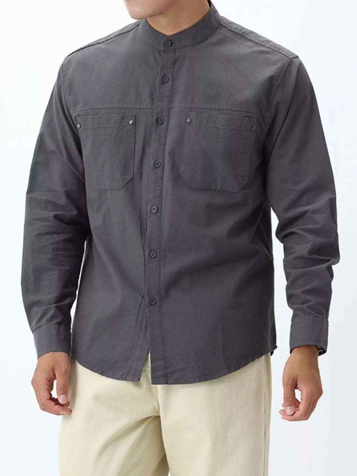 Men's Plus Size Casual Long Sleeve Shirt with Double Chest Pockets