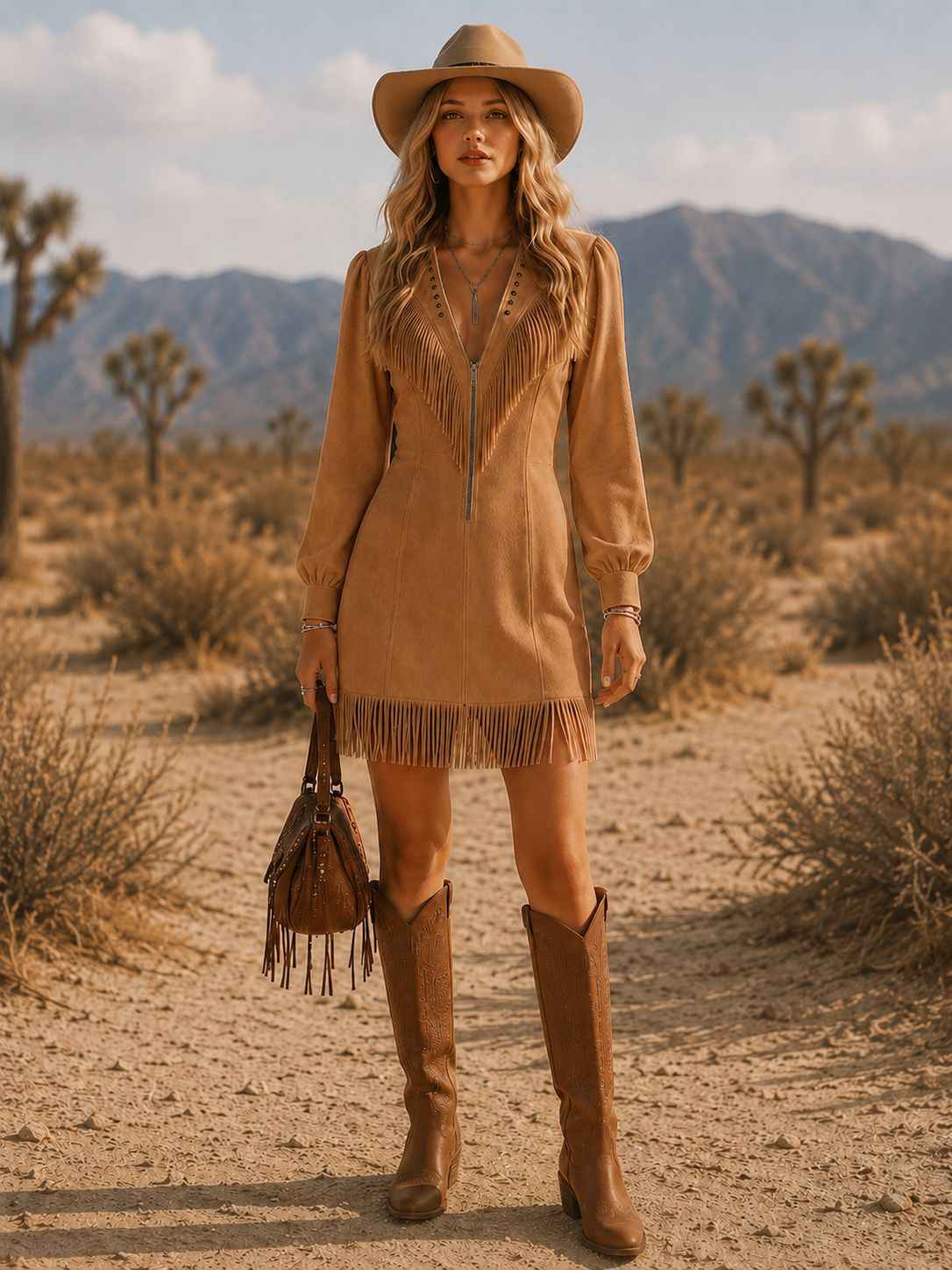 Retro Faux Suede Zip-Front Tassel Mini Dress