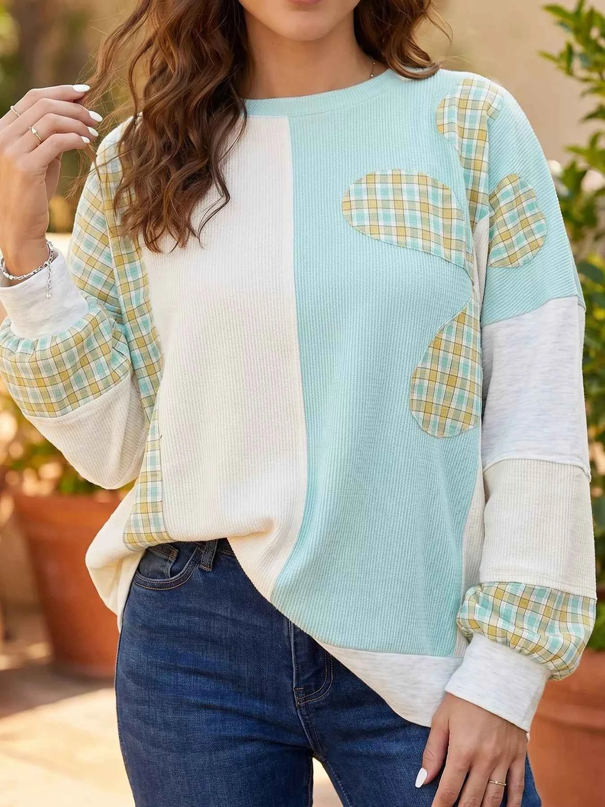 Plaid Patchwork Round Neck Long Sleeve Top