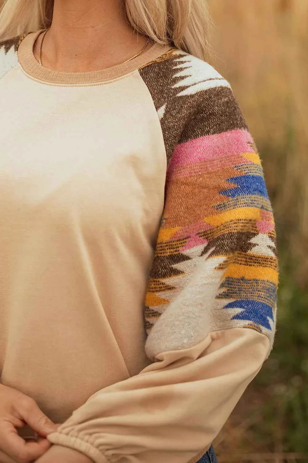 Aztec Bubble Sleeve Patchwork Western Sweatshirt