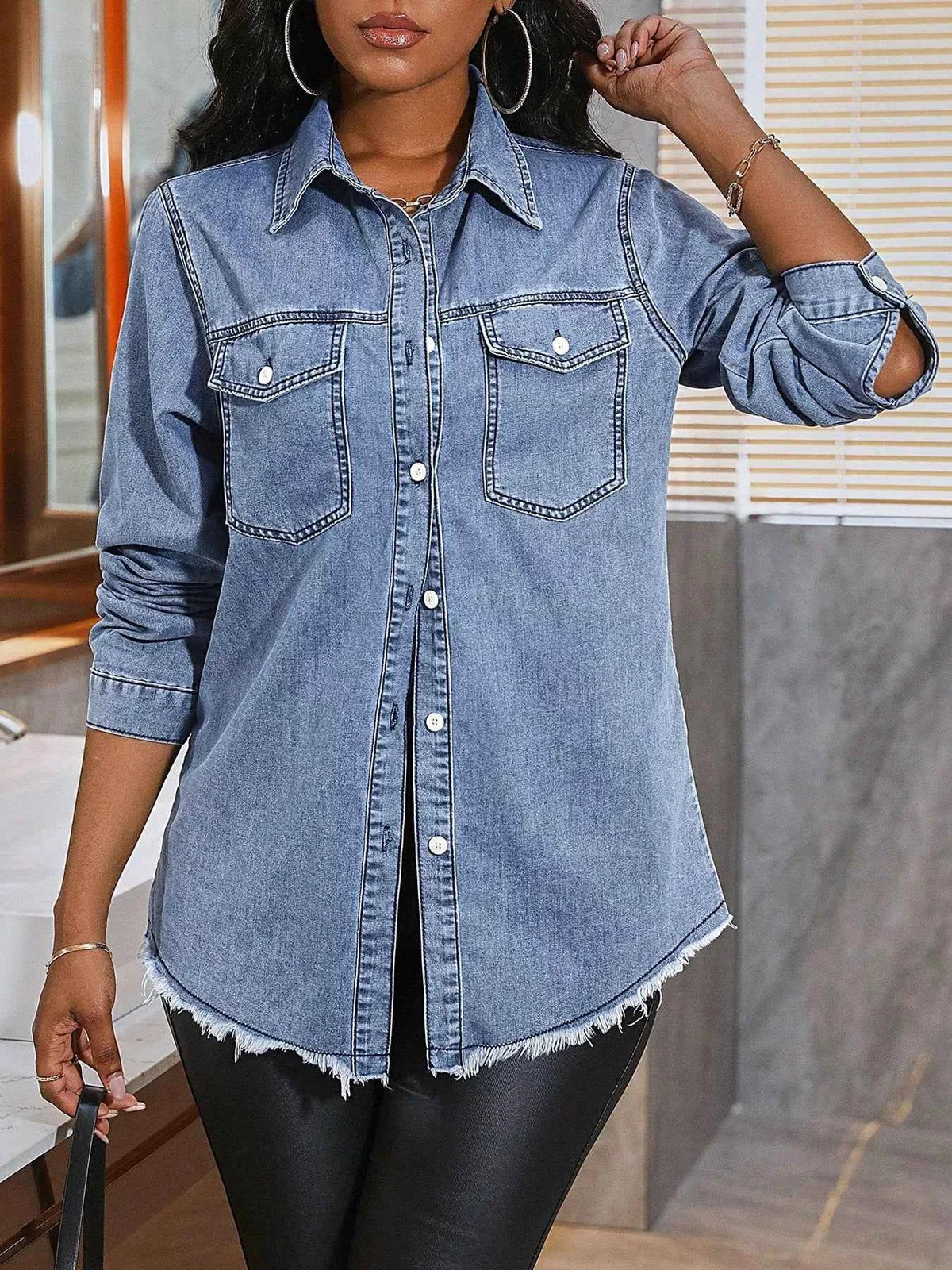 Raw Hem Button Up Denim Shirt