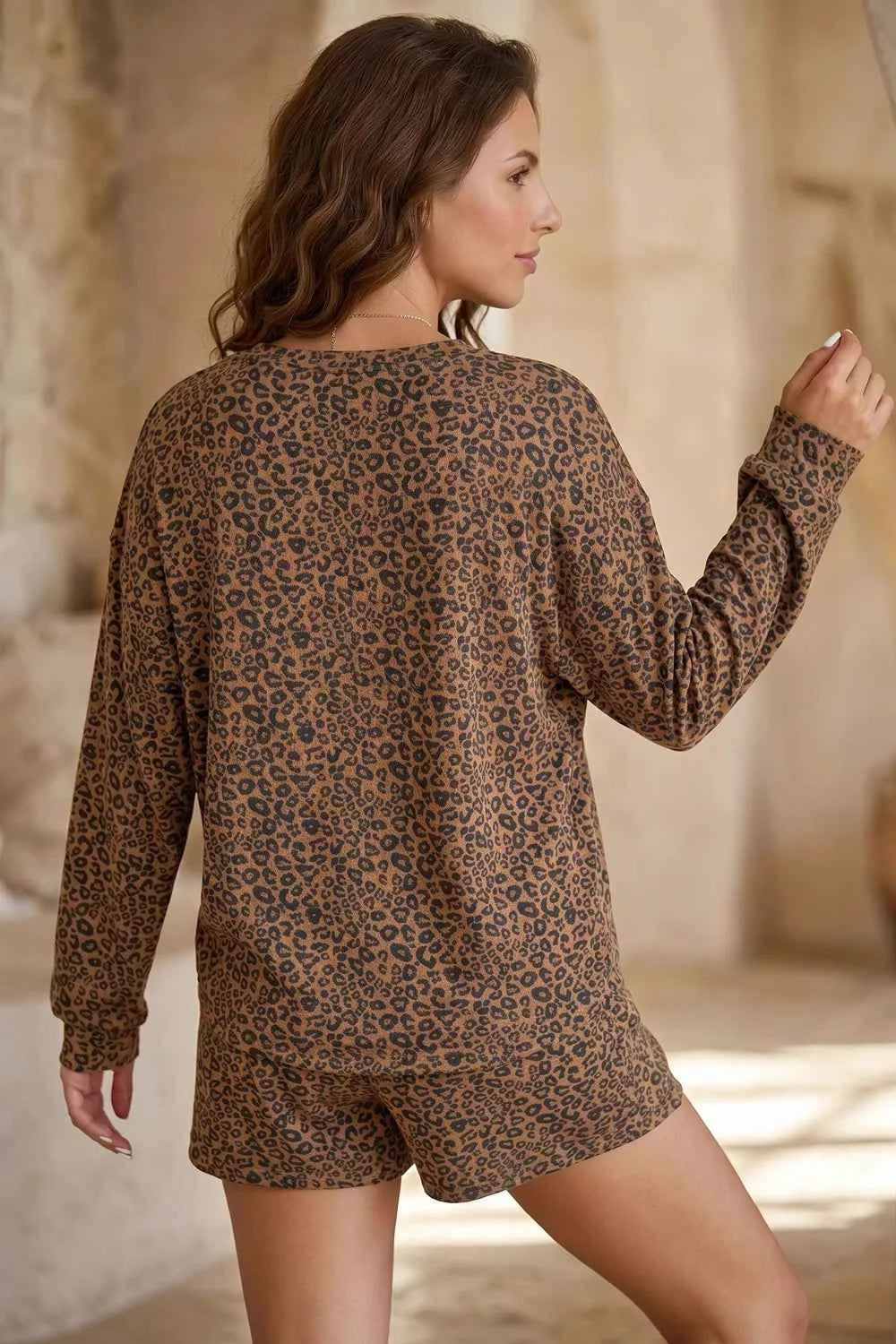 Leopard Print Long Sleeve Henley Top Elastic Waist Shorts 2pcs Outfit