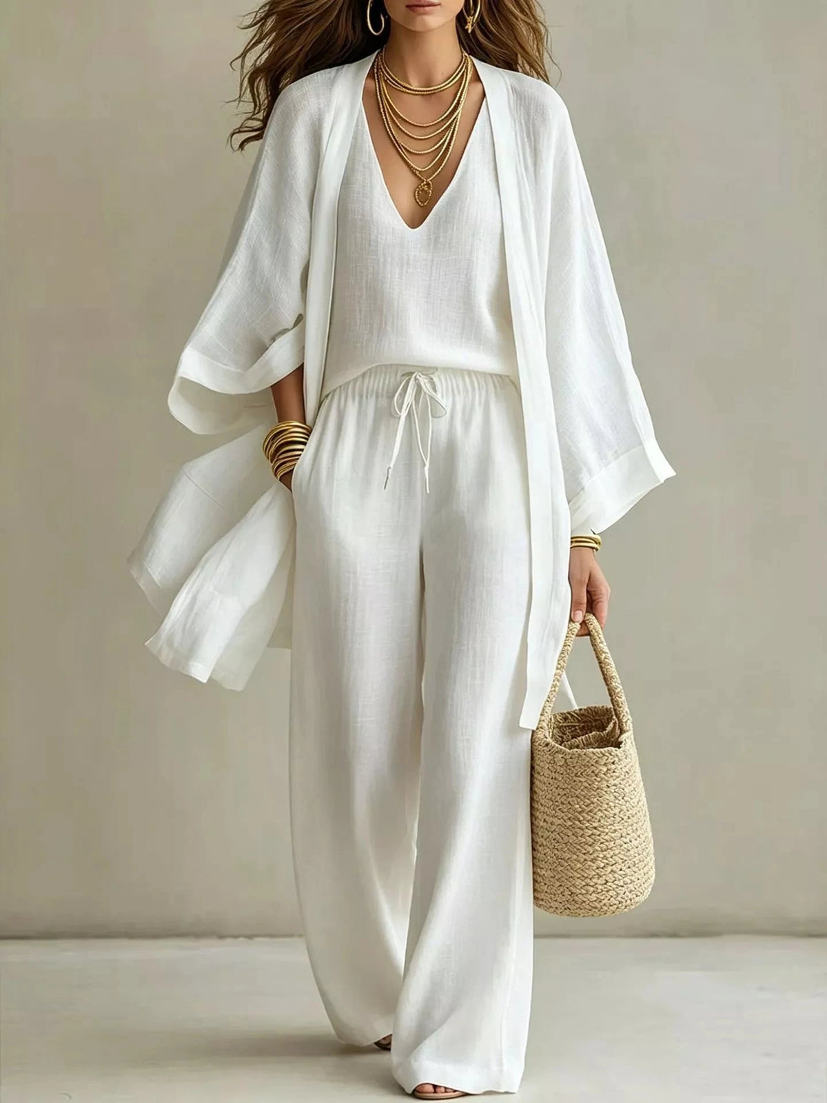 V-Neck Top & Cardigan & Pants Three-Piece Set