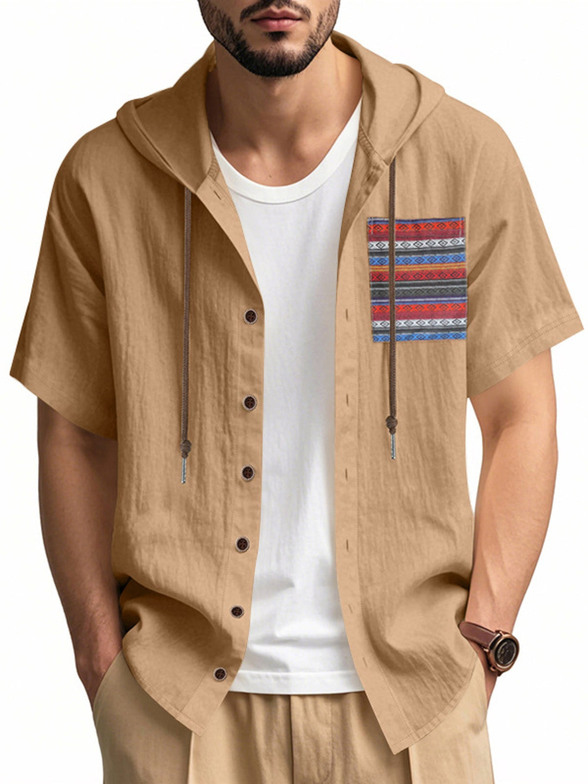 Men's Full Size Casual Hooded Short Sleeve Shirt Plus Size