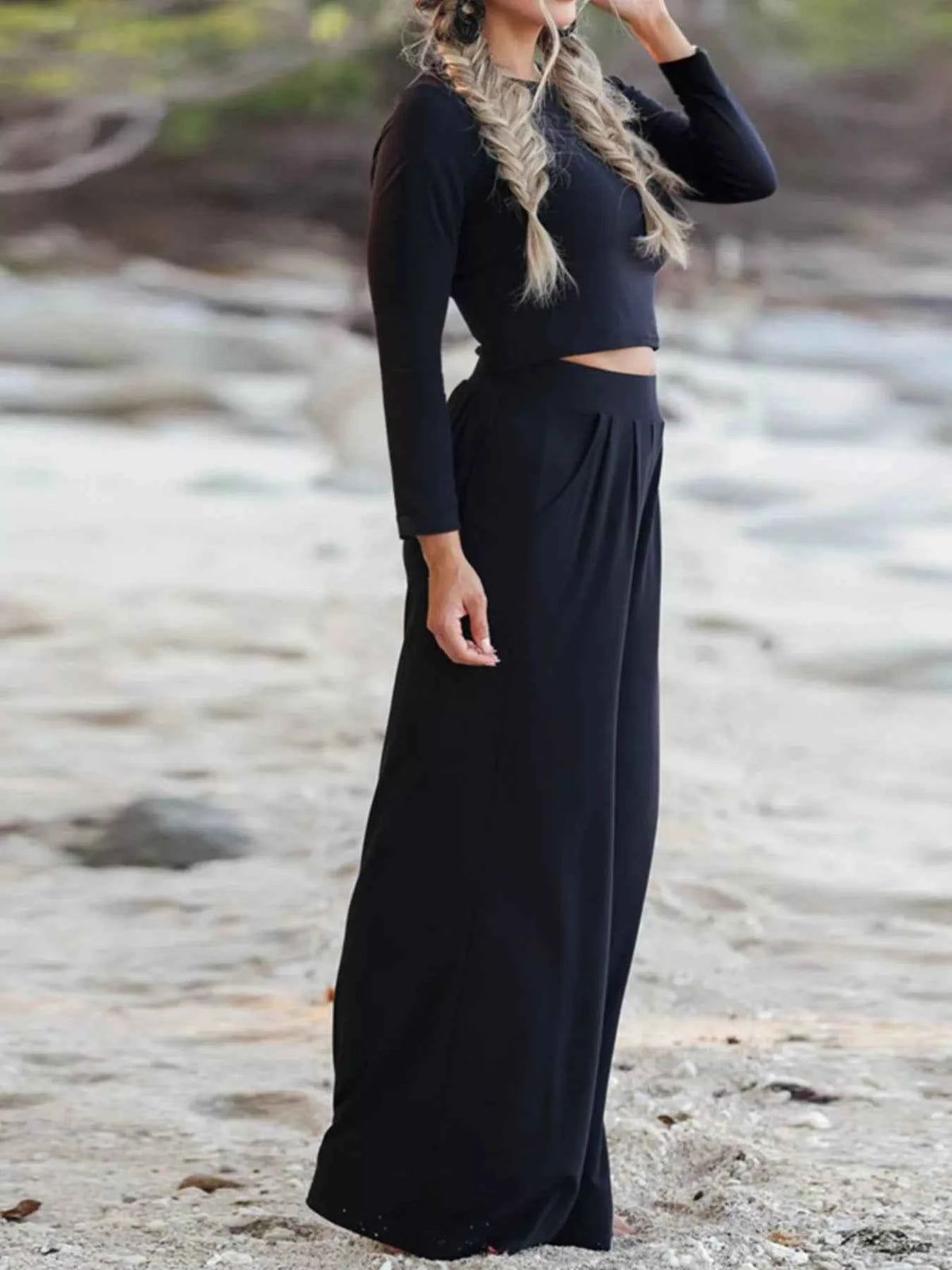 Long Sleeve Crop Top and Wide-Leg Pants Set