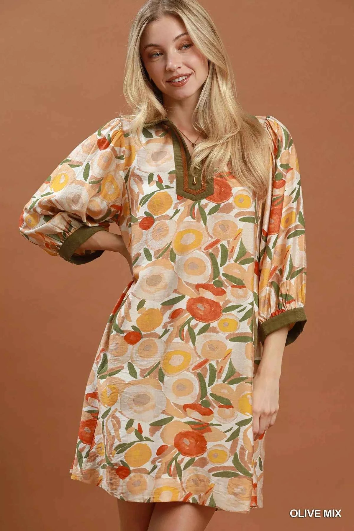 Umgee Mix Floral Contrast Trim Shift Mini Dress