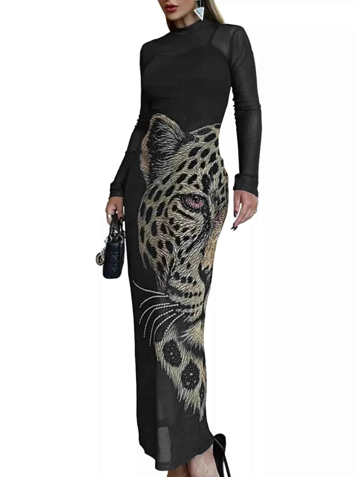 Leopard Print Mesh Long Sleeve Maxi Dress