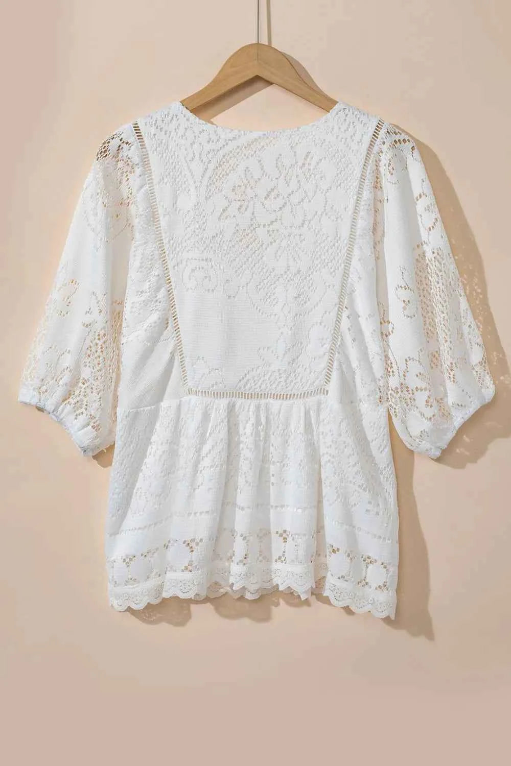 Lace Crochet Hollowed Scallop Hem V Neck Blouse