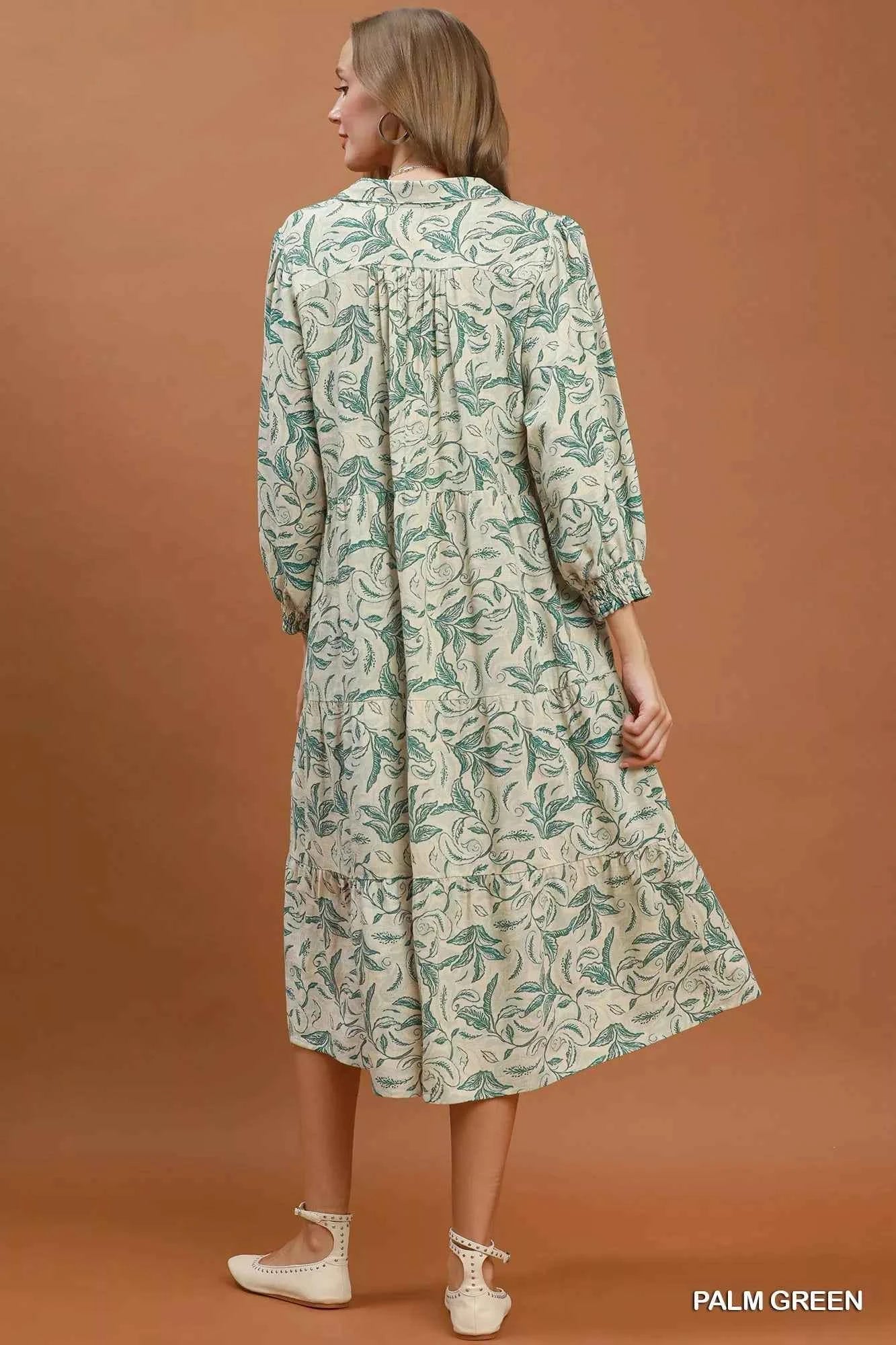Umgee Linen Botanical Print Tiered Midi Dress