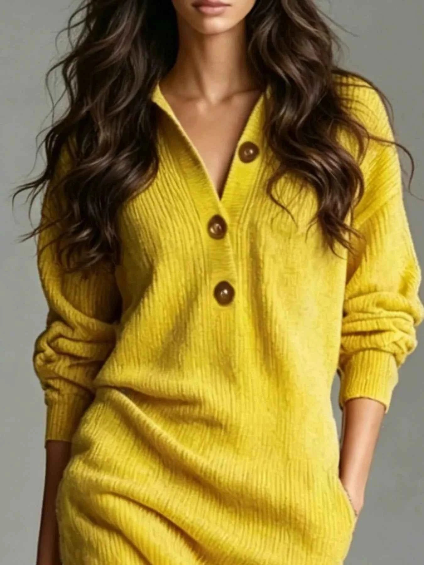V-Neck Half-Button Ribbed Knit Dress
