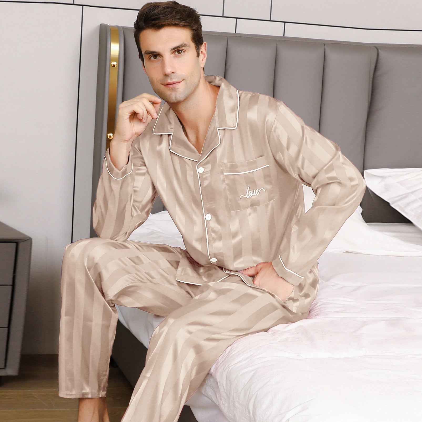 Mens Solid-Color Striped Long-Sleeve And Long-Pant Loungewear Set