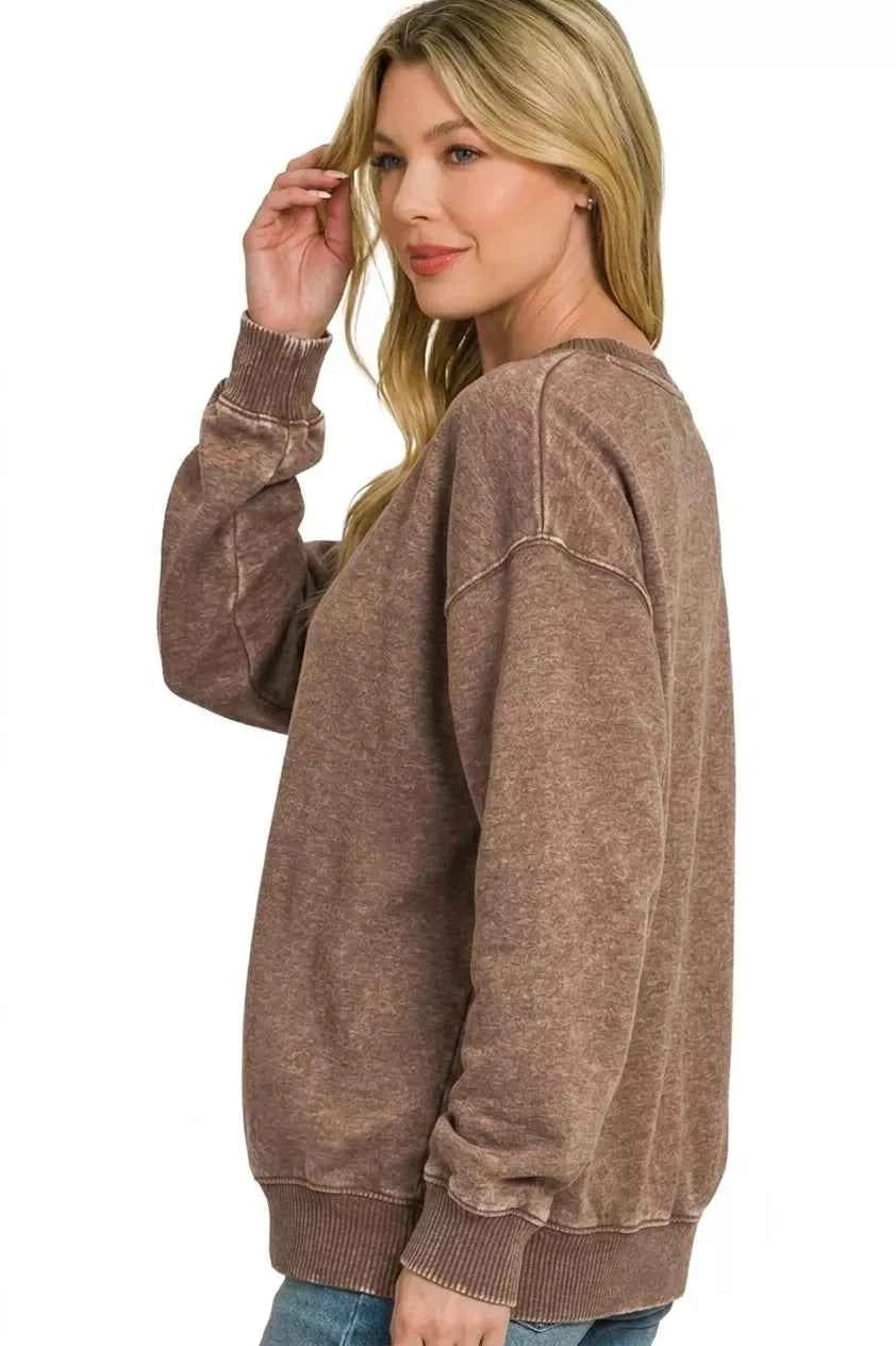 Zenana Fleece Acid Enzyme Washed Round Neck Sweatshirts