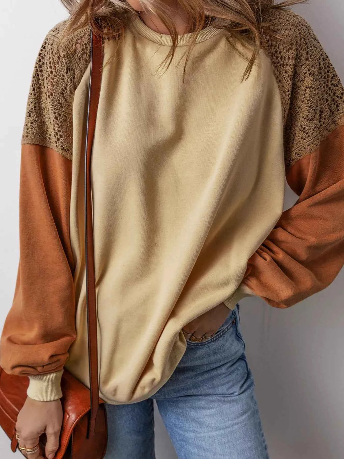 Lace Patchwork Colorblock Drop Shoulder Sweatshirt