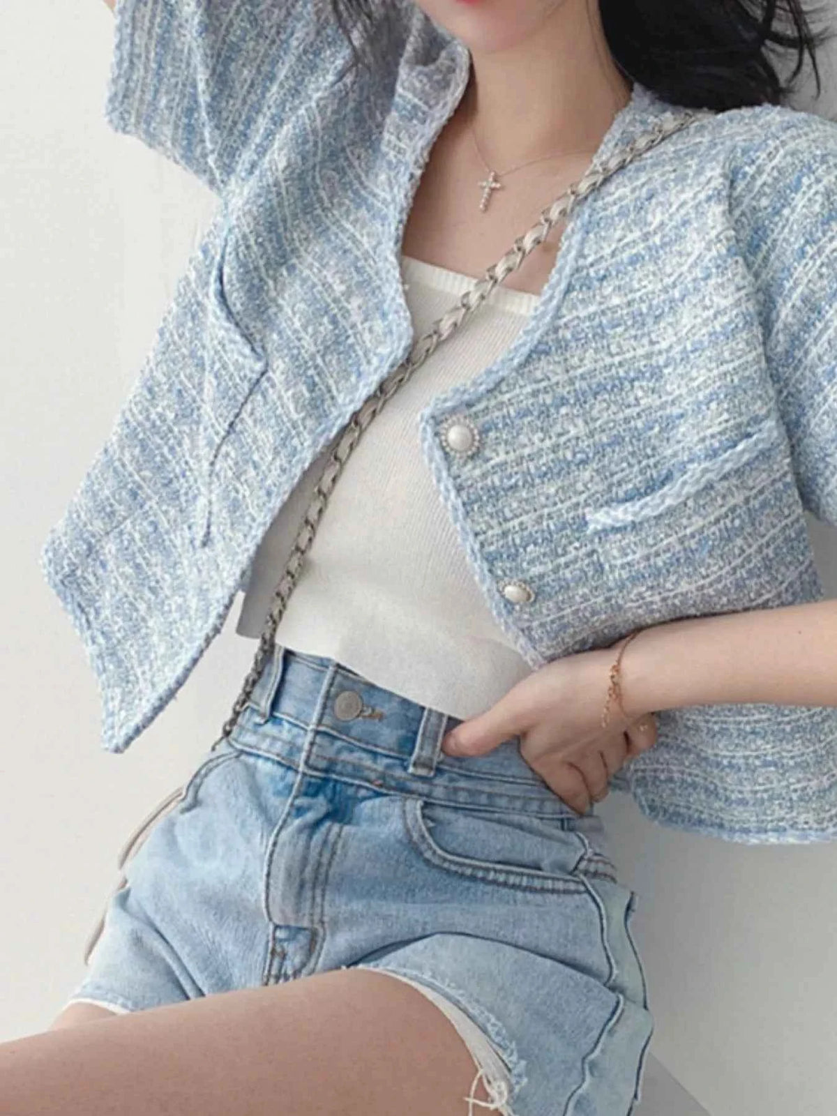 Pearl Button Short Sleeve Tweed Outerwear
