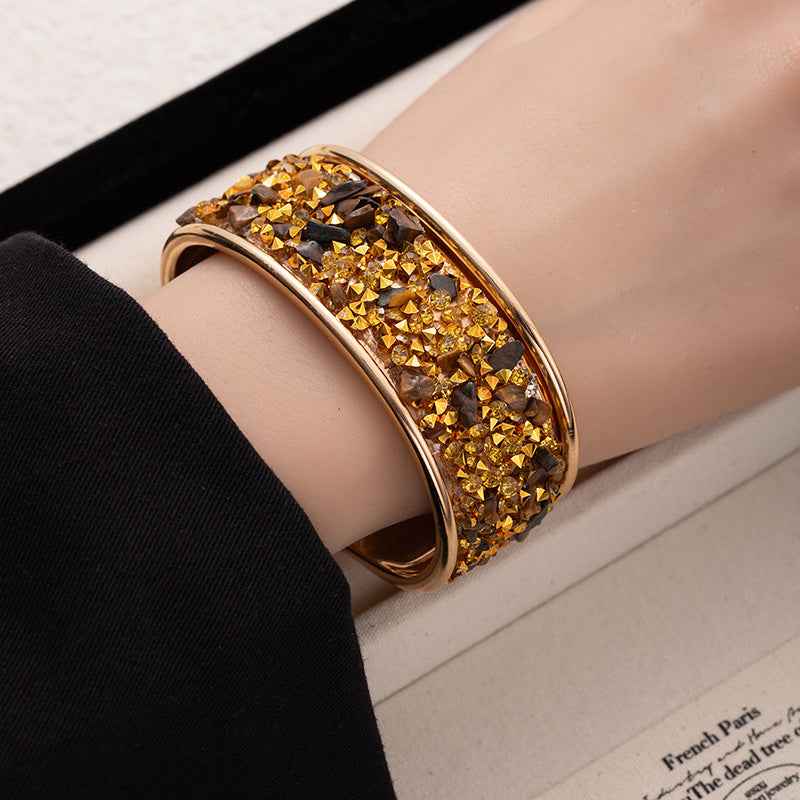 Cross-border European And American Style Color Gravel Wide-sided Open Bracelet Burst Flash Encrusted Diamond Bracelet Men's And Women's Personality Fashion Cool Hand Jewelry