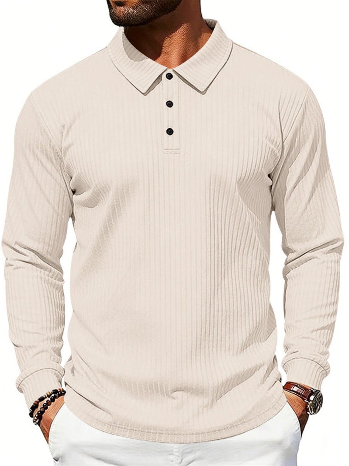 Men's Full Size Ribbed Long Sleeve Polo with Button Detail Plus Size
