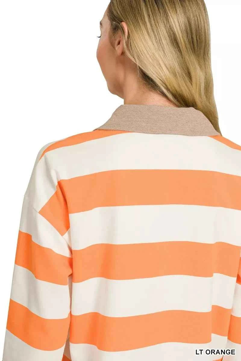 Zenana Striped Contrast Collar Polo Top