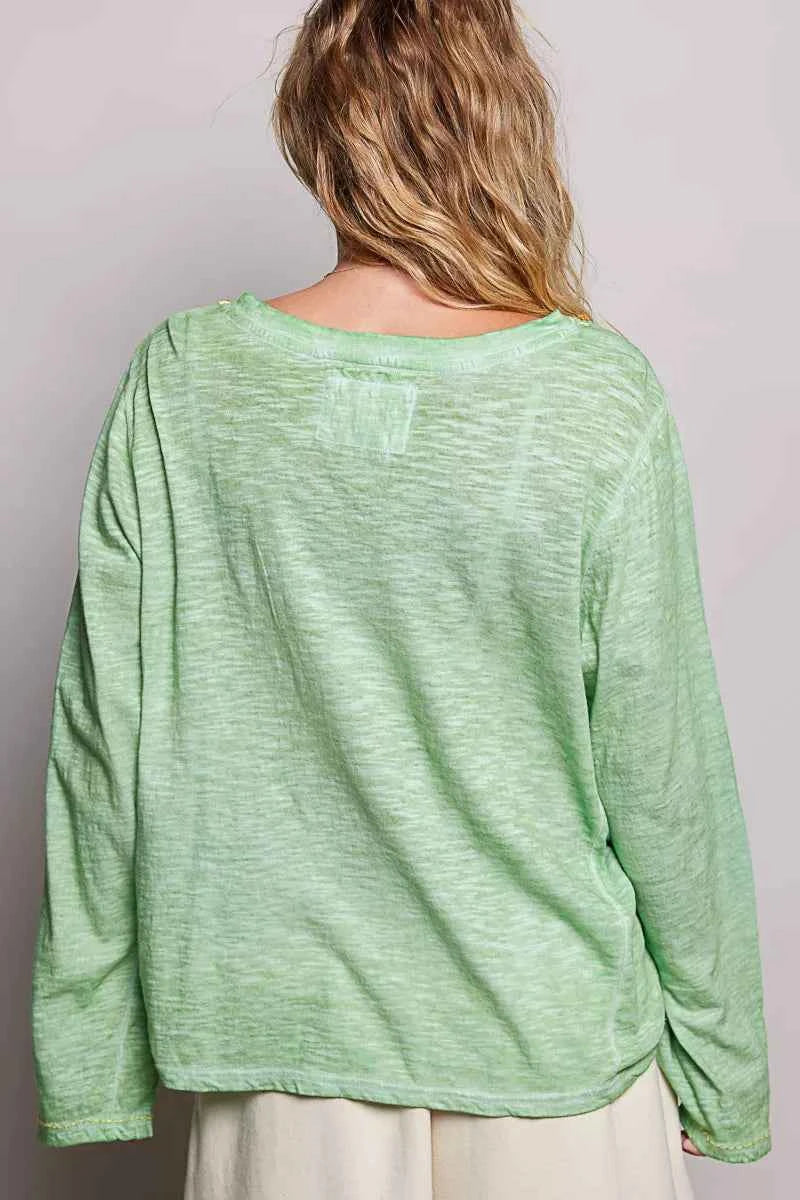 POL V-Neck Contrast Stitch Lightweight Knit Long Sleeve Top