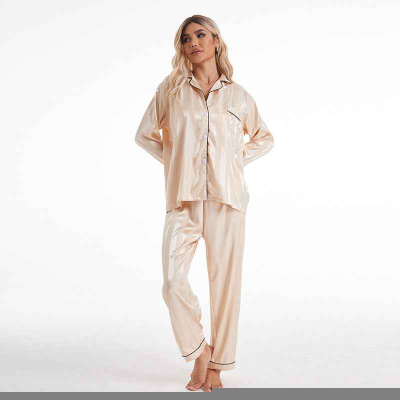 Artificial Silk Bold Stripes Long-sleeved Home Wear European And American Style Pajamas Plus Size