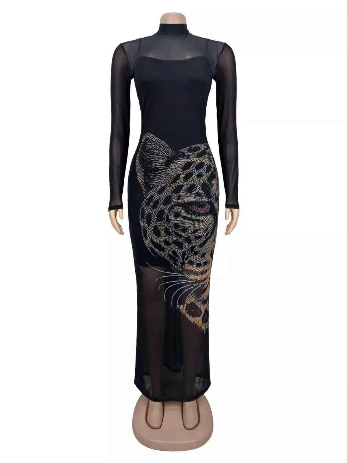 Leopard Print Mesh Long Sleeve Maxi Dress