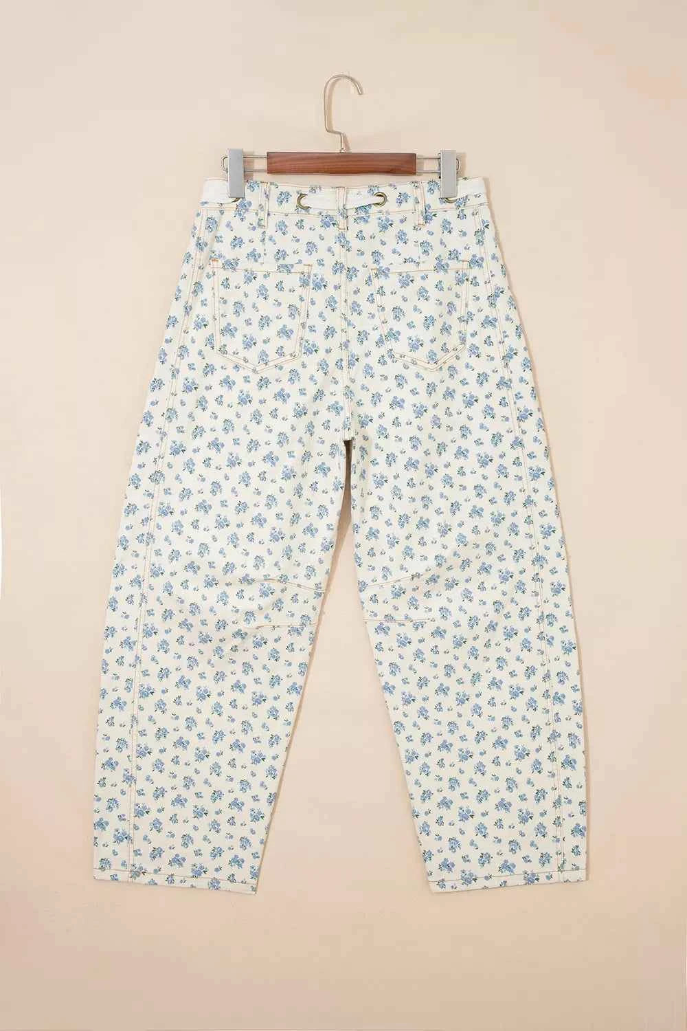 Grommet Knot Waist Floral Barrel Leg Jeans