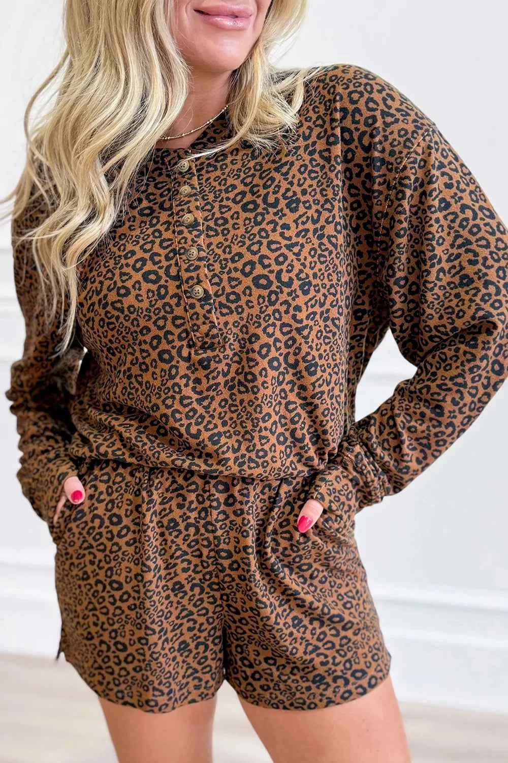 Leopard Print Long Sleeve Henley Top Elastic Waist Shorts 2pcs Outfit