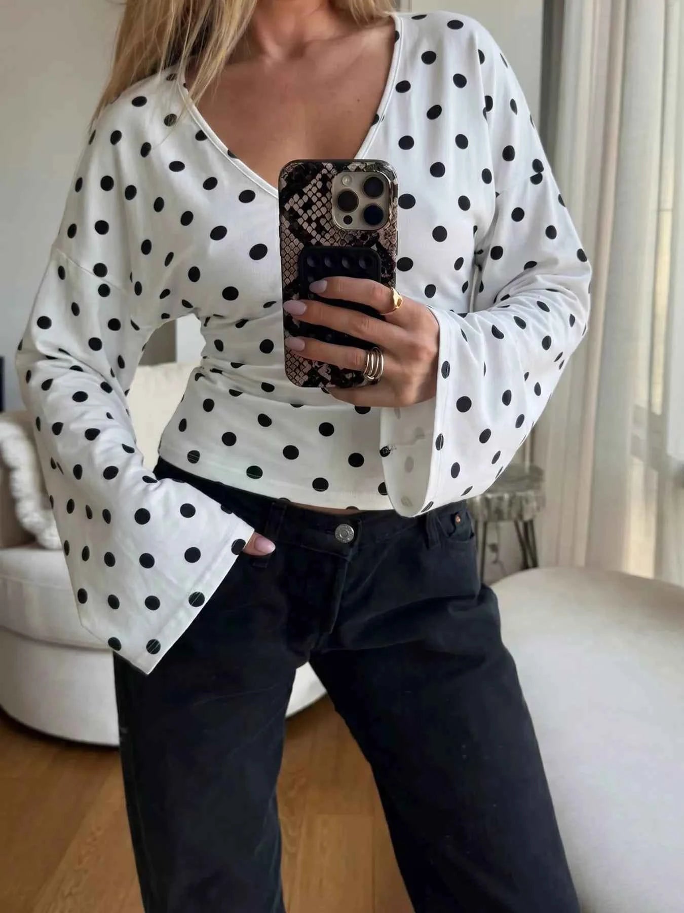 Polka Dot V-Neck Long Sleeve T-Shirt