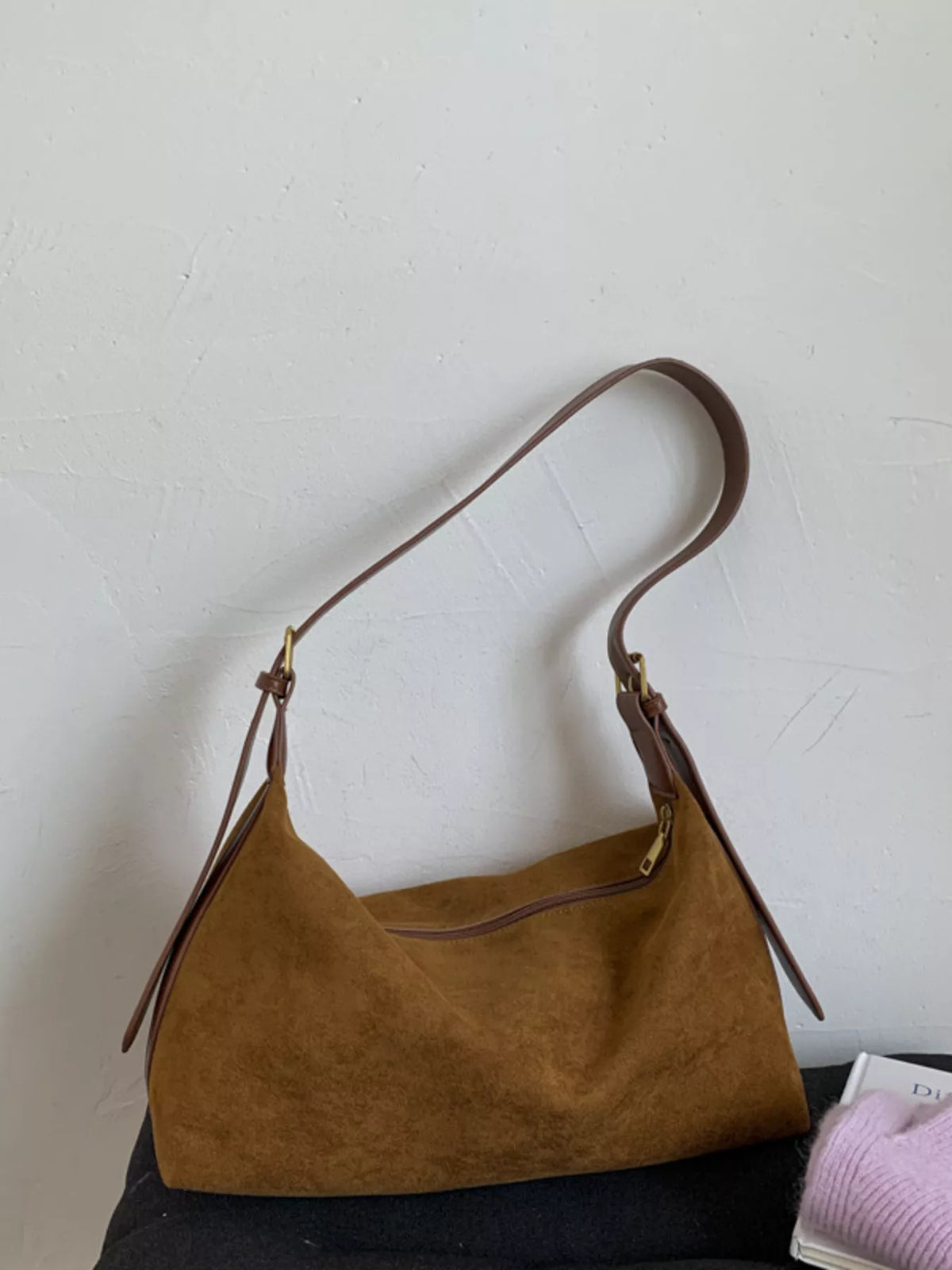 Solid Color Suede Hobo Crossbody Bag