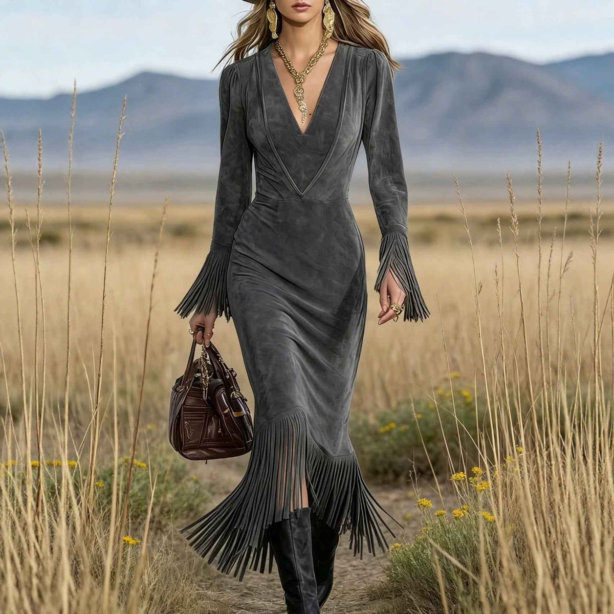 Retro Western Fringe Long-Sleeve Dress