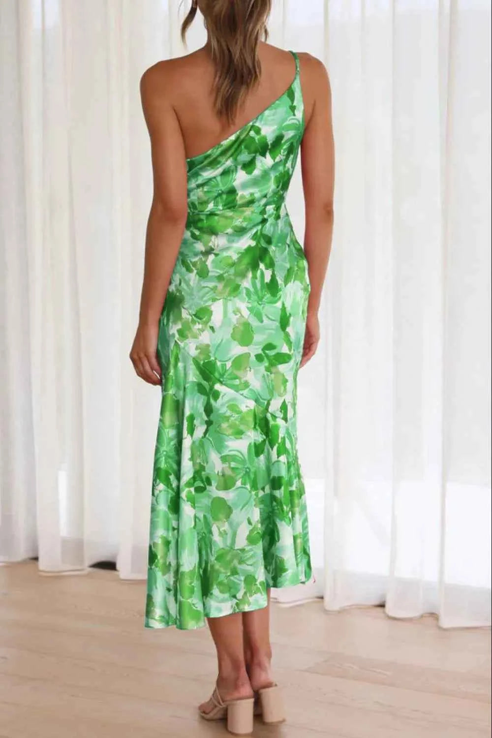 Ruched Printed Single Shoulder Midi Dress