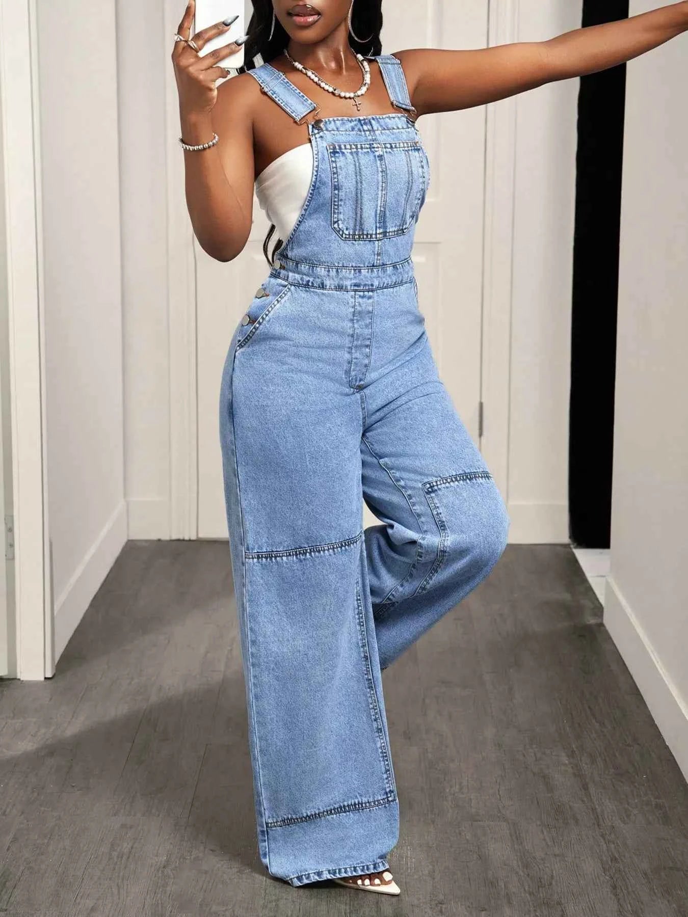 Wide Strap Wide Leg Denim Overalls