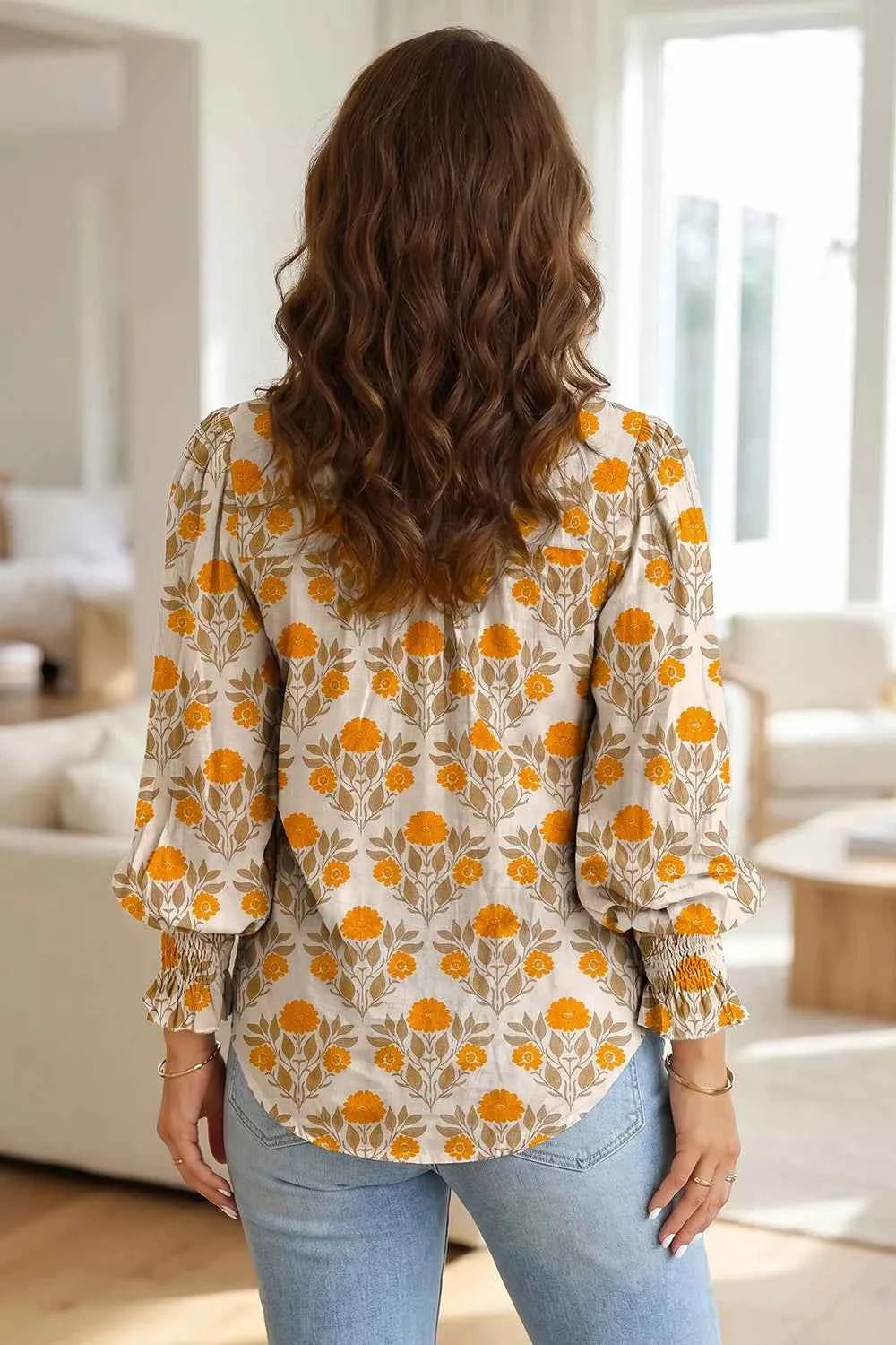 Floral Print V Neck Long Sleeve Top