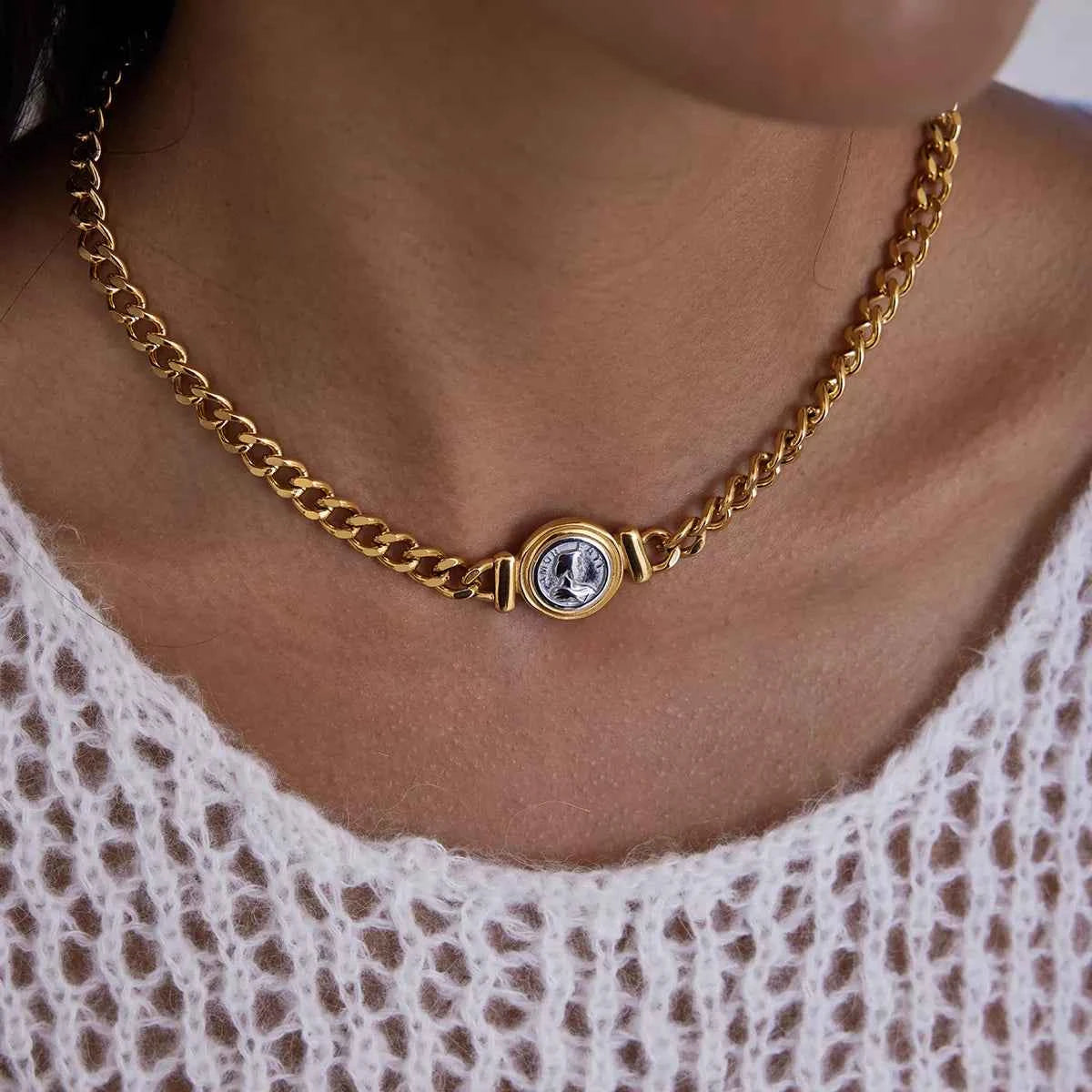 18K Gold-Plated Vintage Coin Charm Curb Chain Necklace