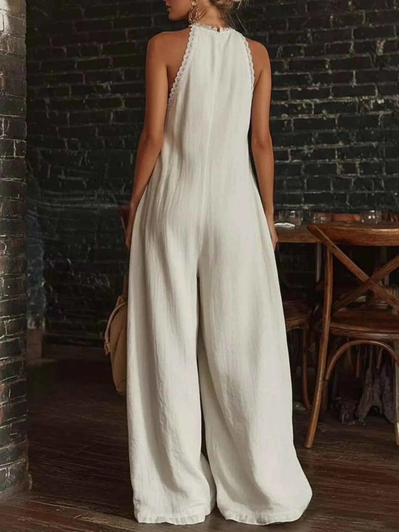 Full Size Halter Neck Lace Trim Wide Leg Jumpsuit Plus Size