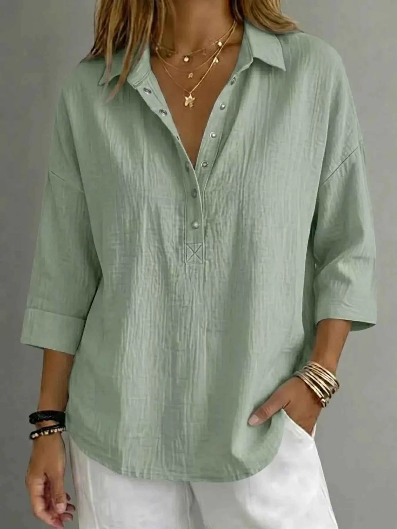 Full Size Snap Down 3/4 Sleeves Blouse Plus Size