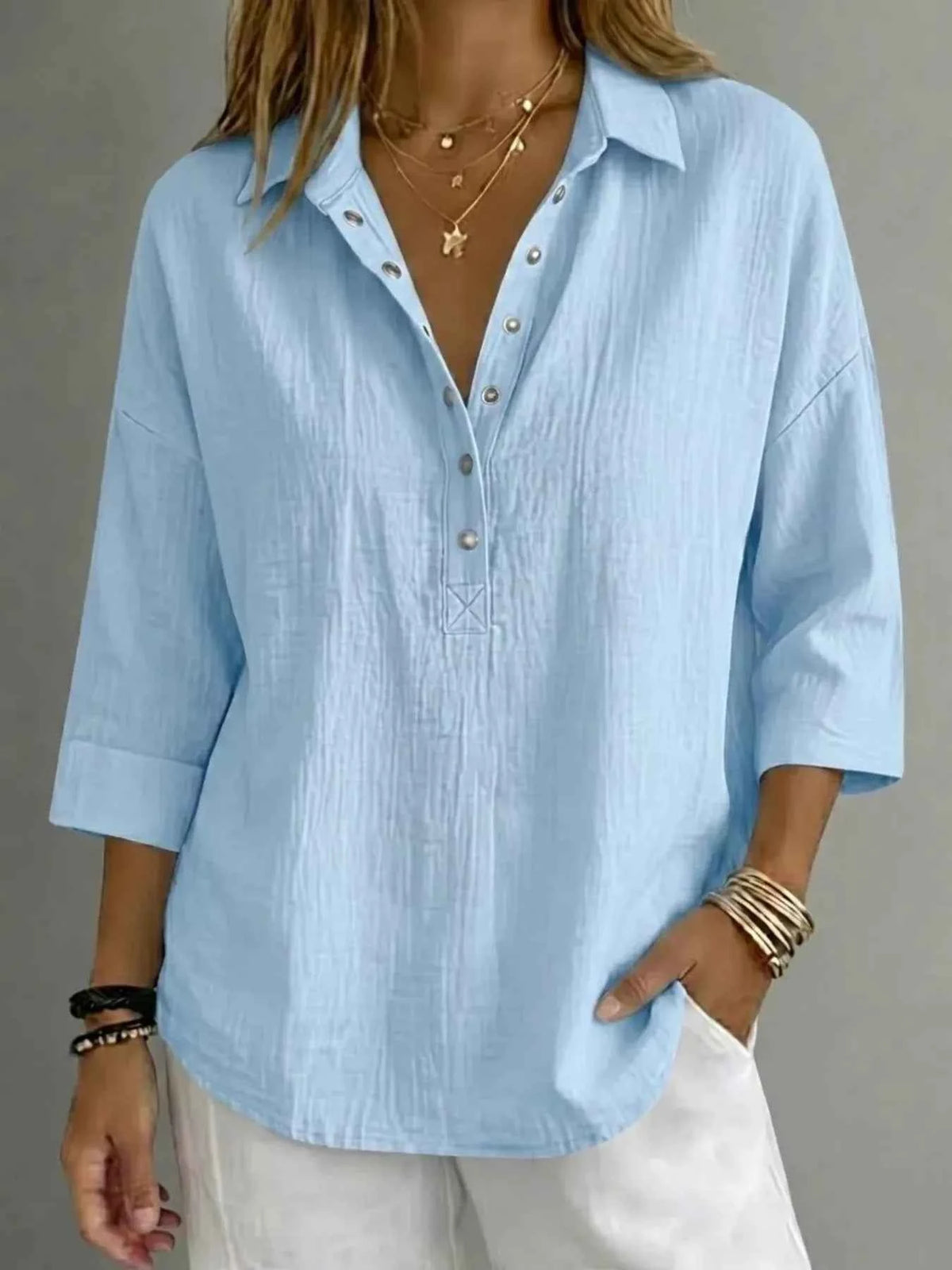 Full Size Snap Down 3/4 Sleeves Blouse Plus Size