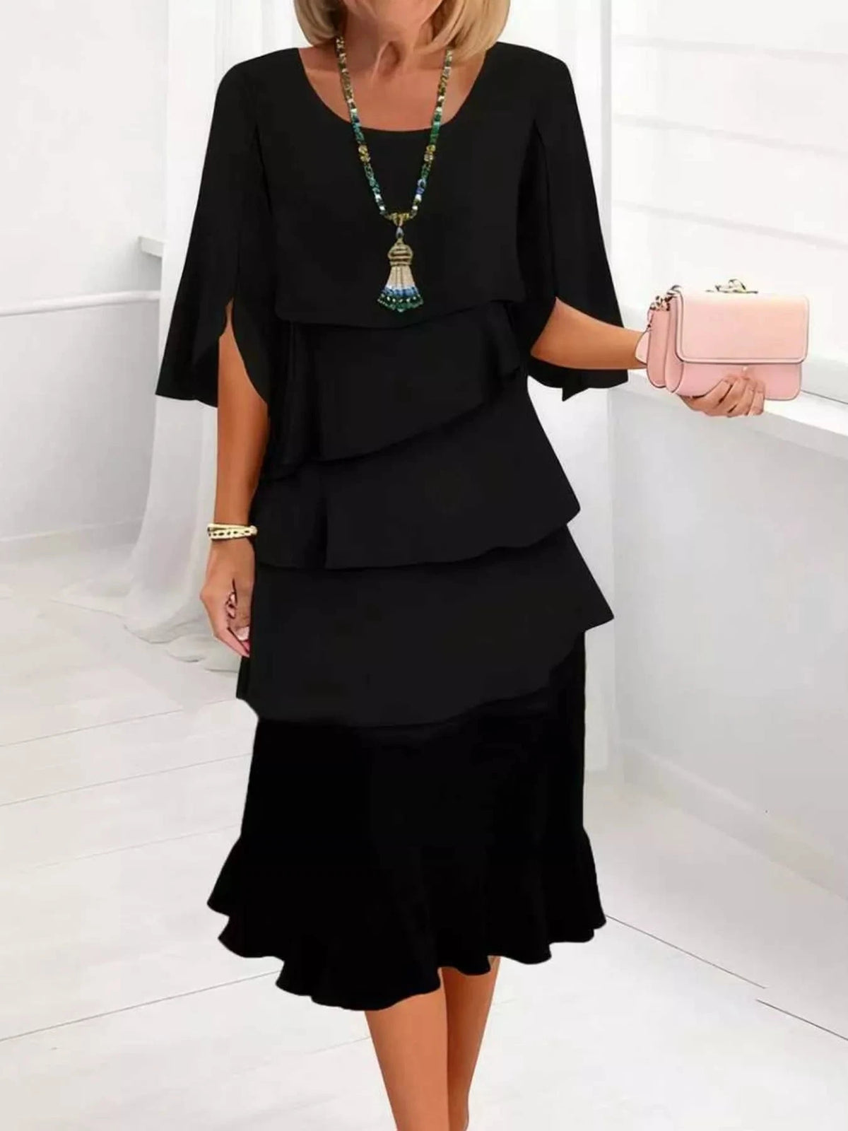 Full Size Ruffle Layered Flutter Sleeve Dress Plus Size