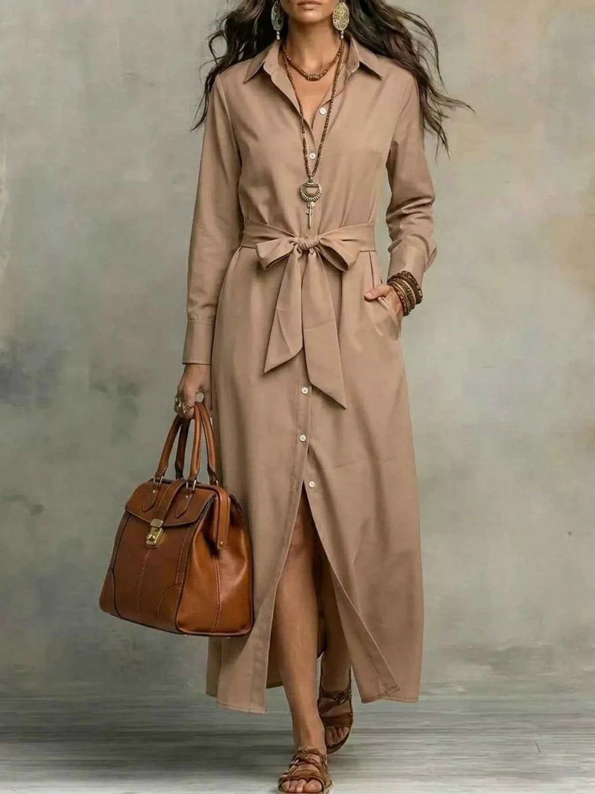 Full Size Tie Waist Long Sleeve Shirt Dress Plus Size