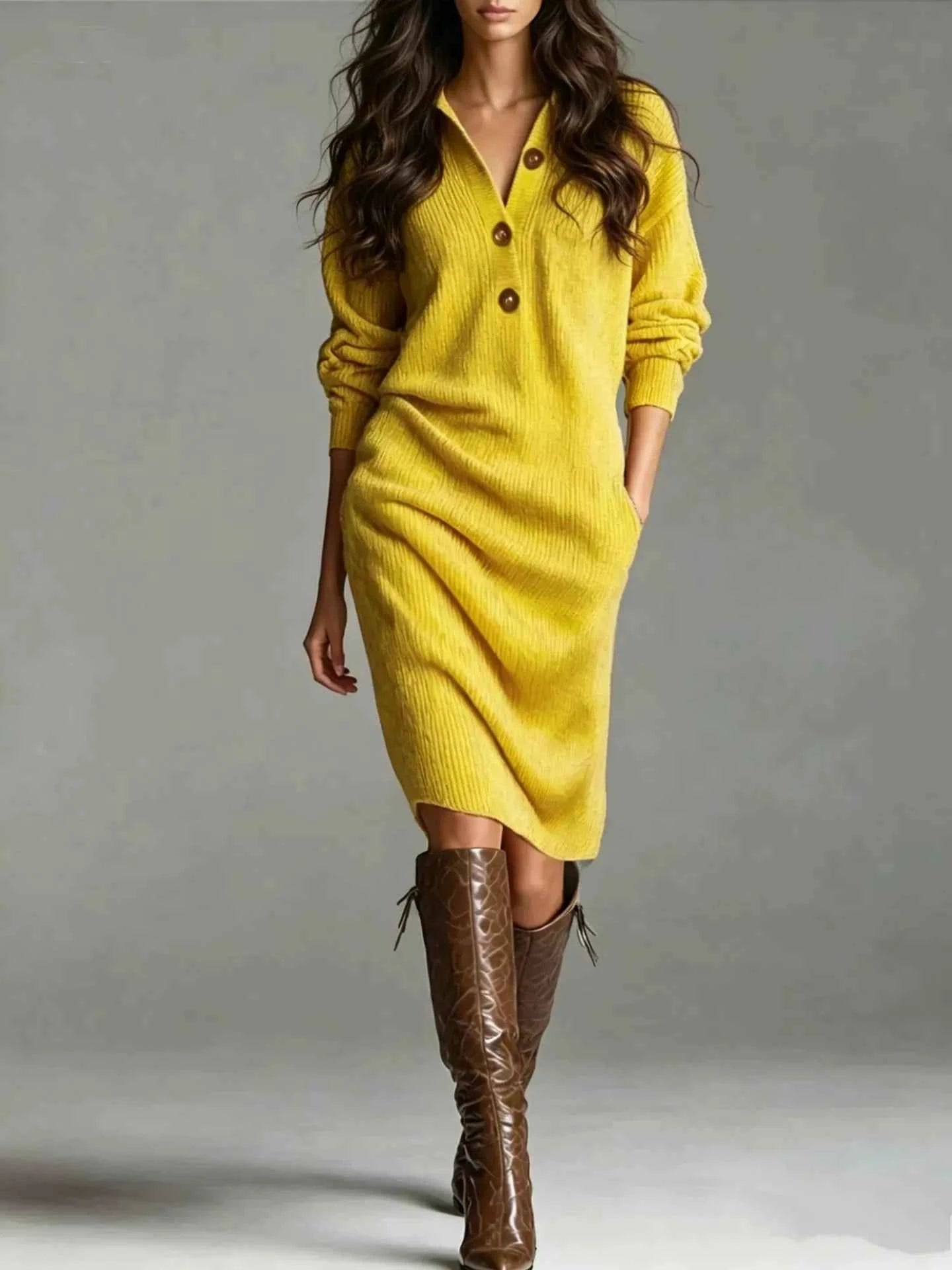 V-Neck Half-Button Ribbed Knit Dress