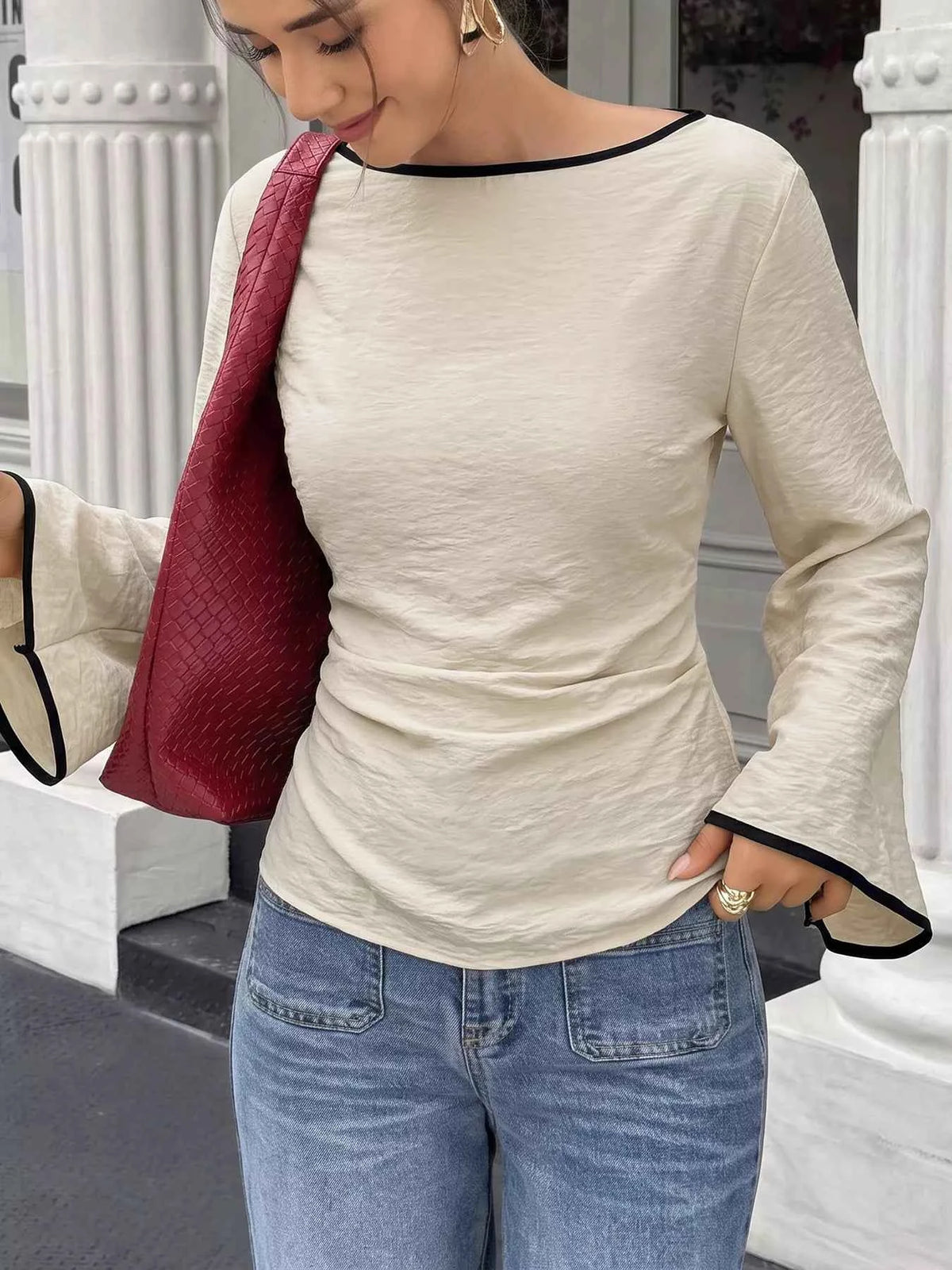 Contrast Trim Flare Sleeve Blouse