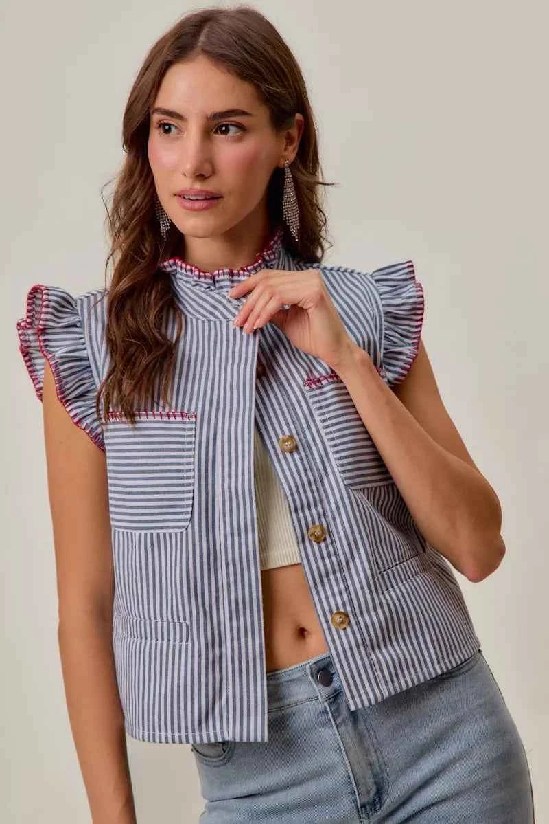 SO ME Stripe Twill Stitch Ruffled Hidden Button Vest Top