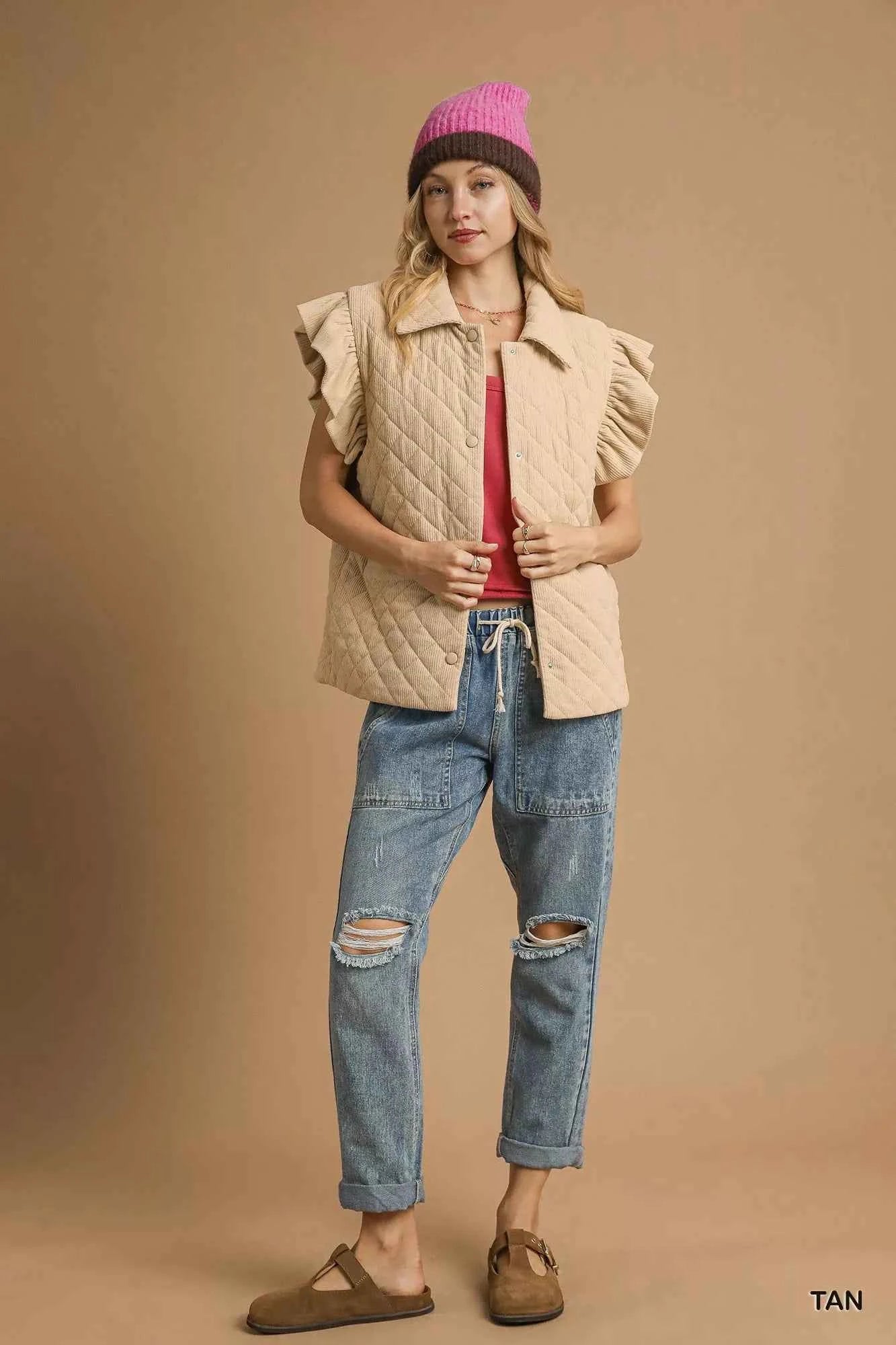 Umgee Corduroy Quilted Ruffle Sleeve Vest