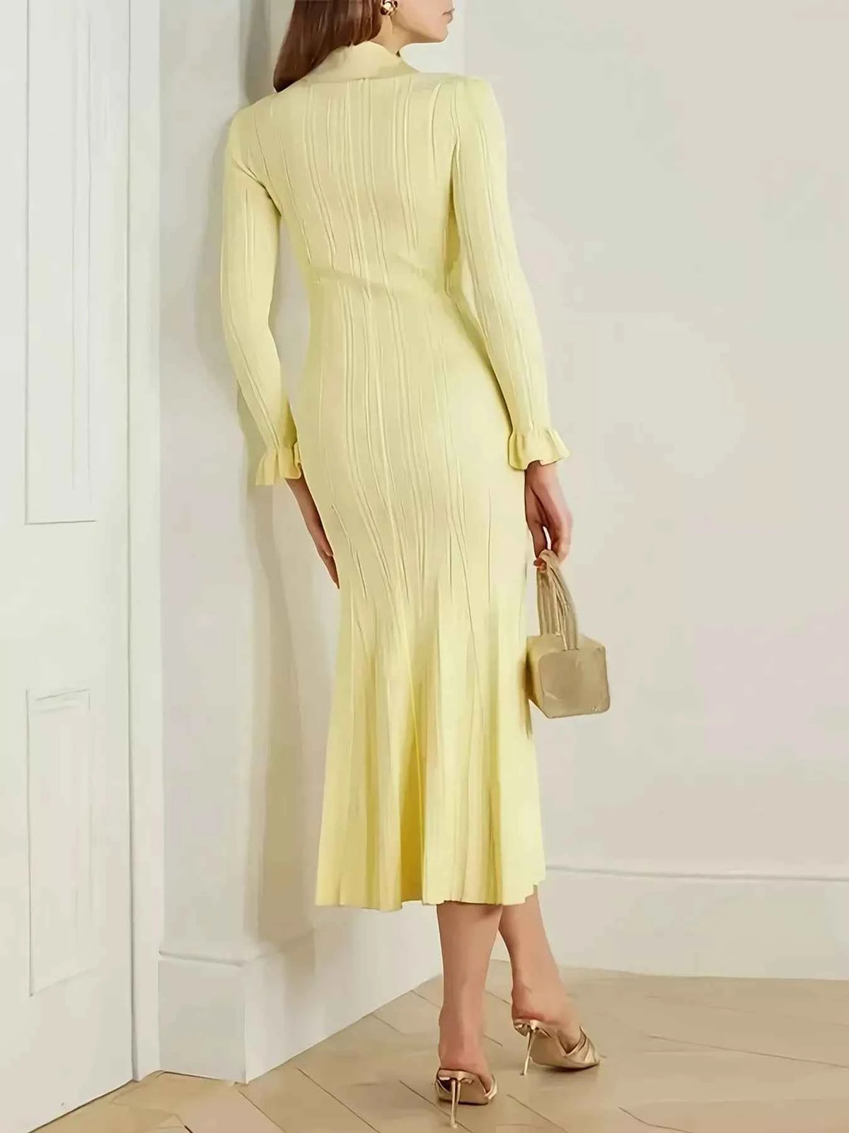 Button-Down Flounce Sleeve Sweater Dress