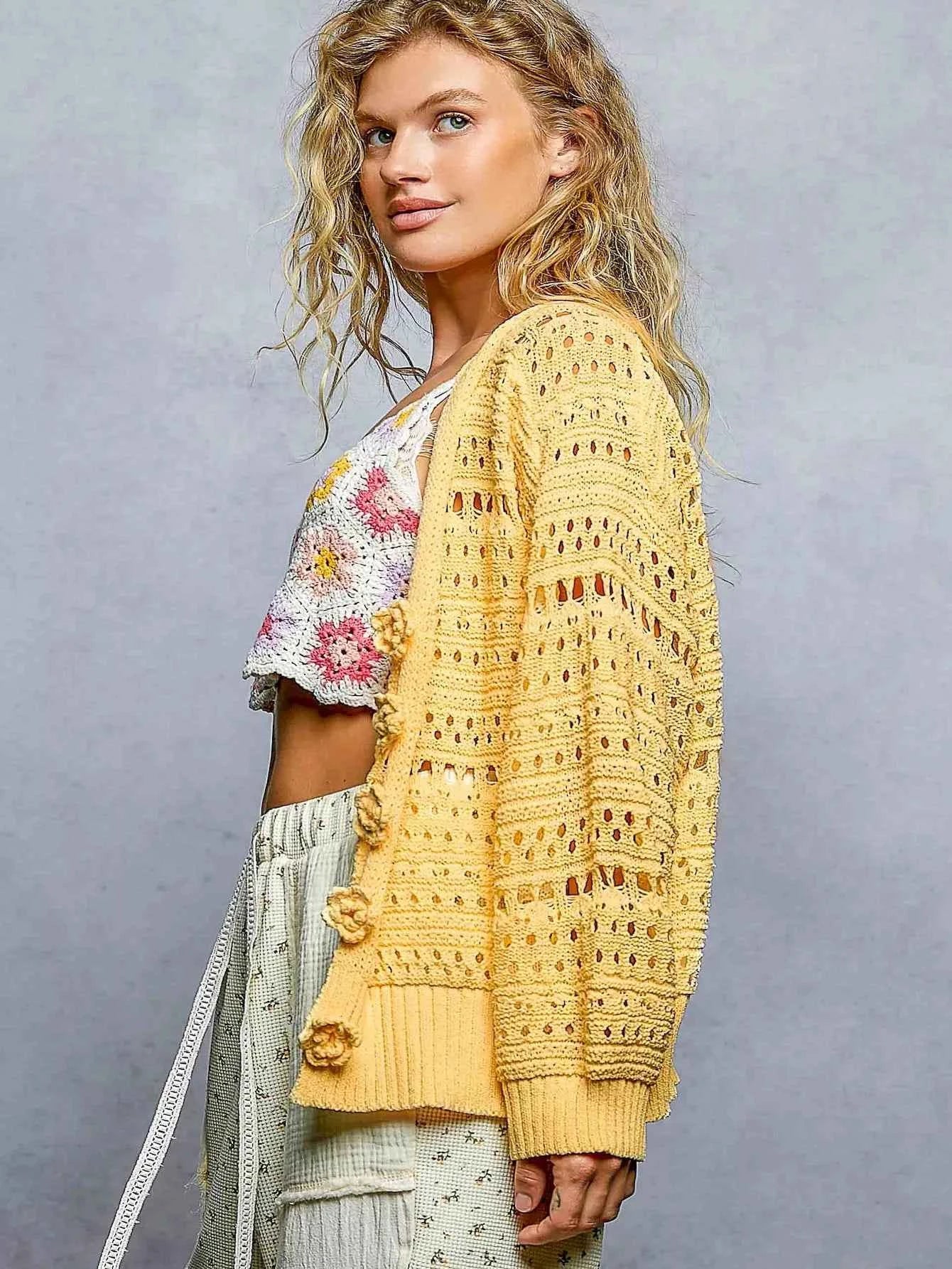 POL Open-Knit Floral Button Cardigan