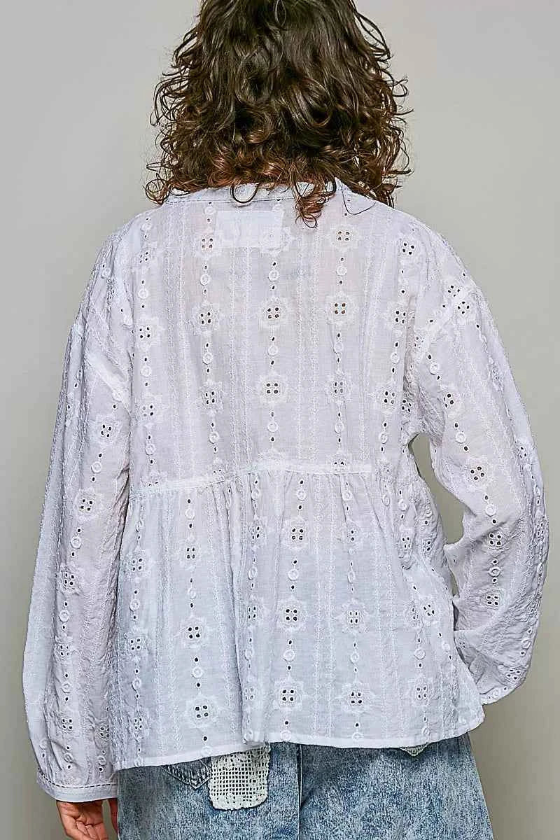 POL Lace Eyelet Long Sleeve Cotton Blouse