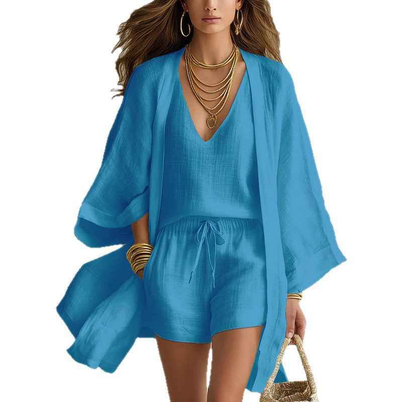 3pcs Suits Mid-length Cardigan Sleeveless Vest And Shorts Set Women's Casual Three-piece Outfit For Daily Wear