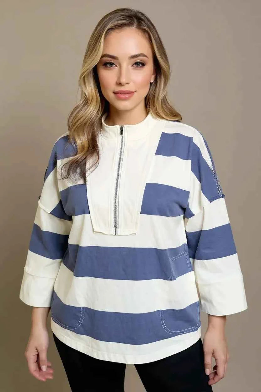 Oh Pima Cotton Wash Striped Half Zip Mock Neck Long Sleeve Top